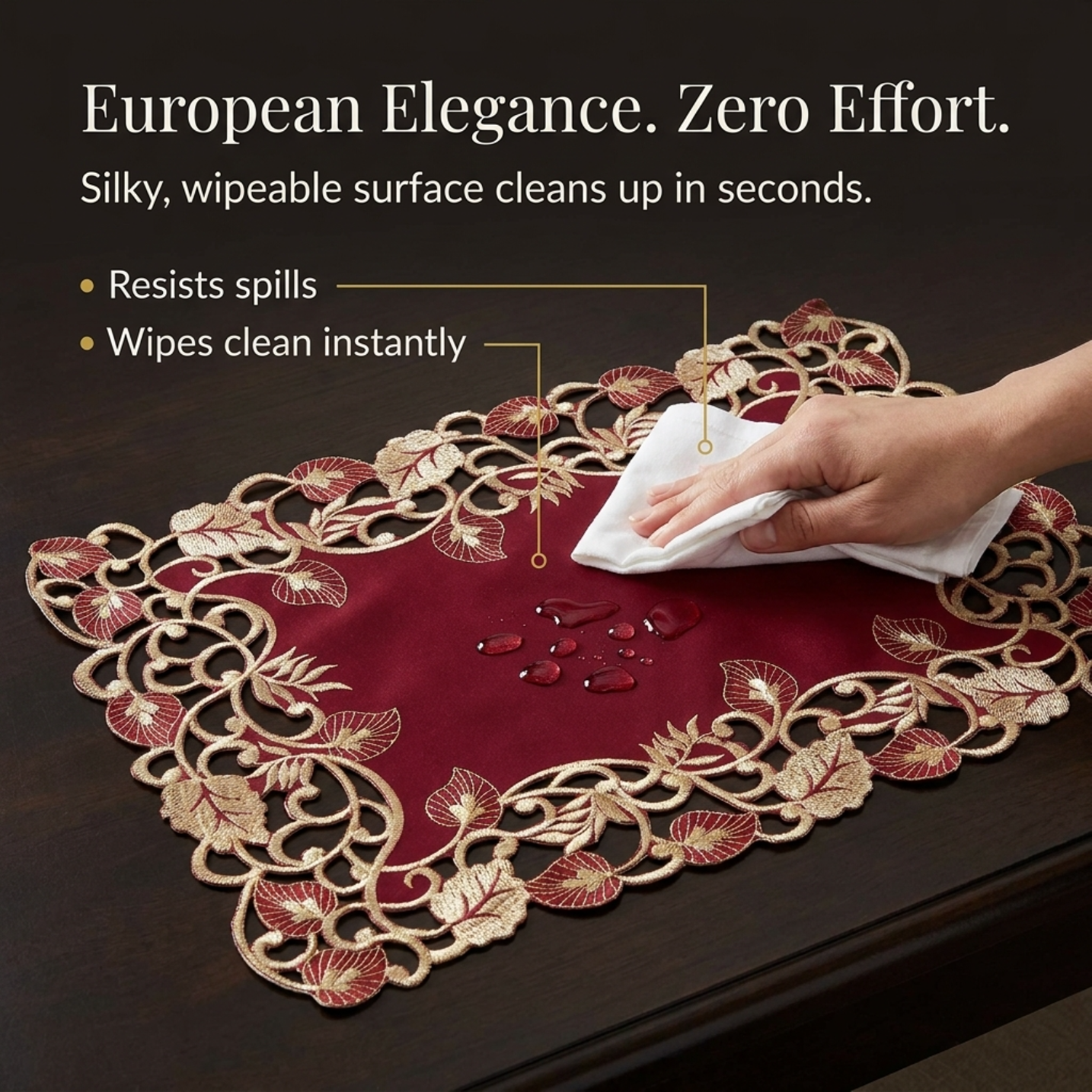 Burgundy Gold Placemats – Rustic Embroidered Table Mats for Dining Decor 12x18 Inch