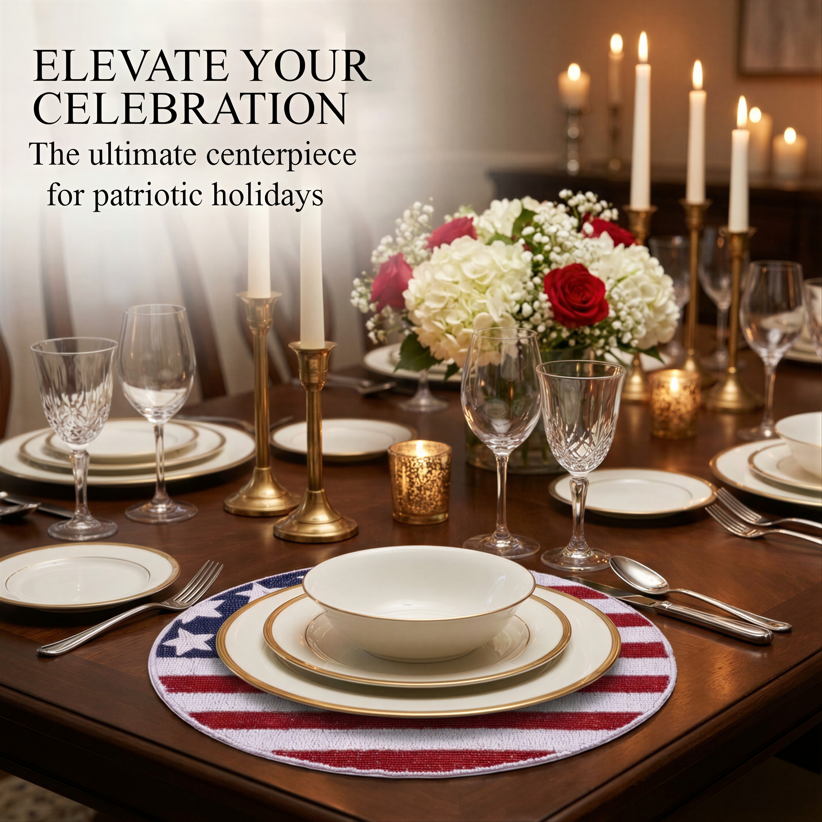 USA Flag Placemats – Round Beaded Placemats with Satin Backing | Handmade Table Decor