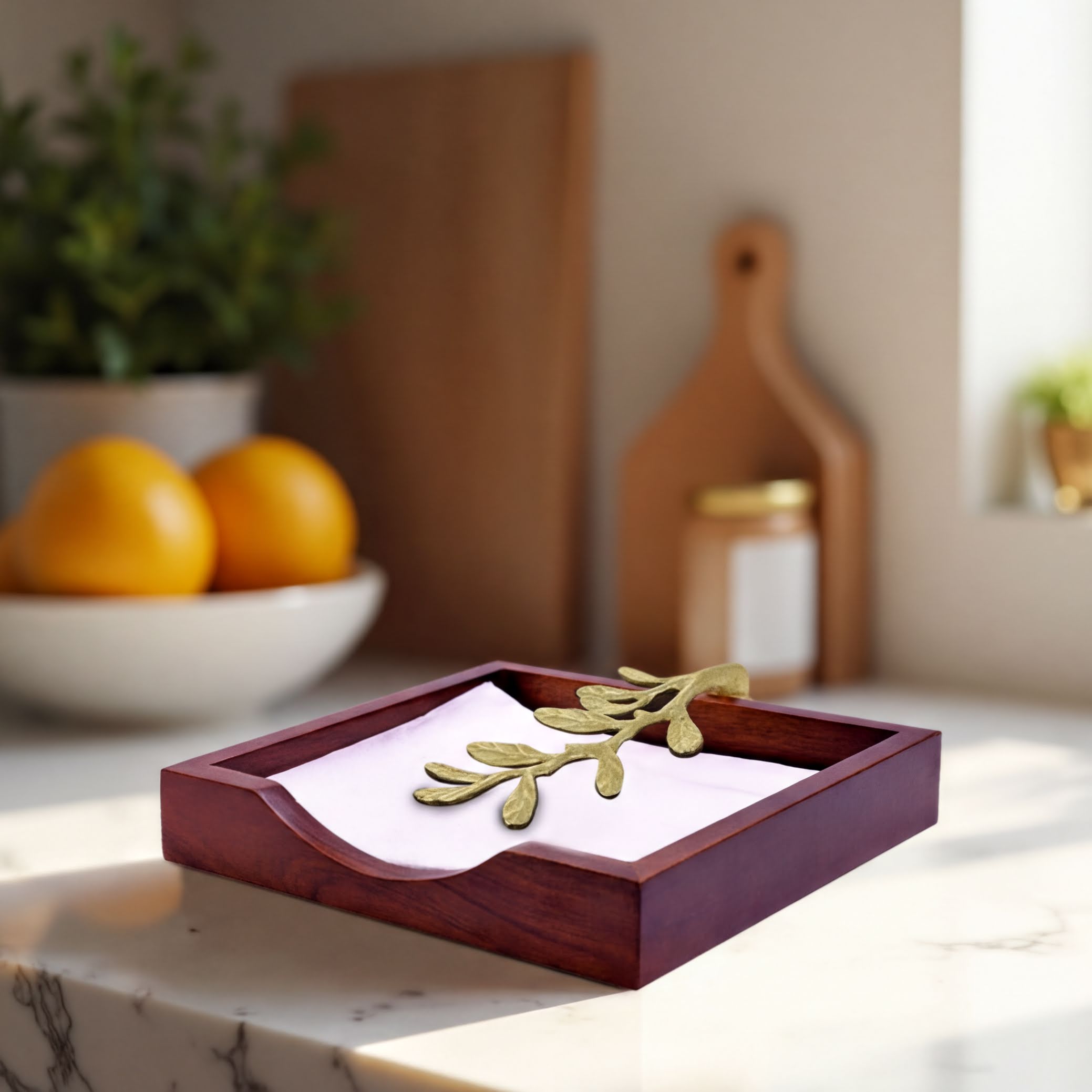 Wooden Napkin Holder – Solid Wood Tabletop Holder with Gold Finish & Weighted Metal Arm