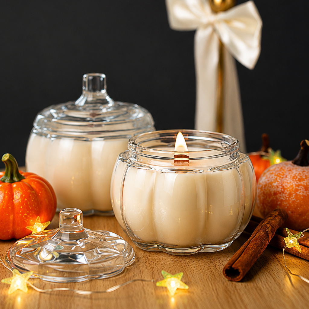 Pumpkin Glass Candle with Lid | Fall Home Decor | Autumn Candle Gift