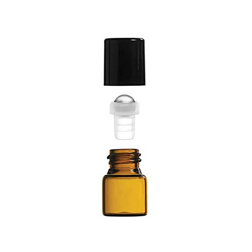 USRommaner 50 Pack 1ml Amber Glass Vials Roll On Bottle Glass Roller Bottle With Stainless Steel Roller Ball Black Cap Lid-Perfect Sample For Essential Oils Aromatherapy No Leak Free Opener&Dropper