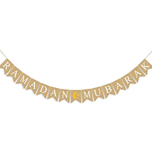 Swyoun Burlap Ramadan Mubarak Banner Supplies With Glitter Moon And Star Signs Mantel Fireplace Decoration