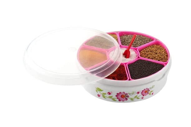 Wincy Round Pink Masala Box, Spice Box Jar, Kitchen Storage Masala Box, Spice Container Dabba (Pink Color) 7 Sections Adjustable