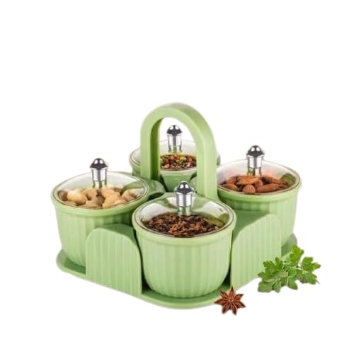 Om Akshar Kitchen Spice Organizer Set | 4 Storage Jars With Lid, Spoon And Carry HandleGreen
