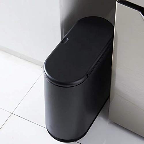 IEEK Plastic Trash Can with Press Top Lid 2.4 Gallon /10 Liter Garbage Can Black Modern Waste Basket Thin Trash Cans for Bathroom Kitchen Living Room Office and Narrow Spaces