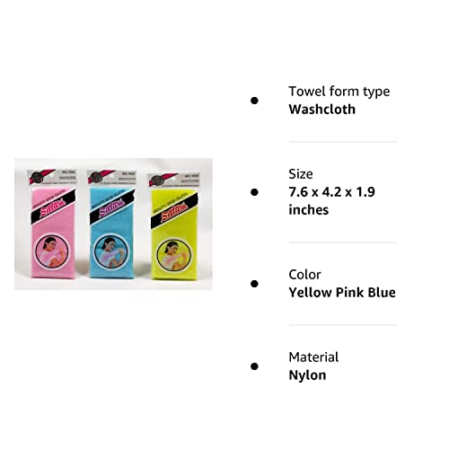 Salux Nylon Japanese Beauty Skin Bath Wash Cloth Towel 3 Count Pink Yellow Blue