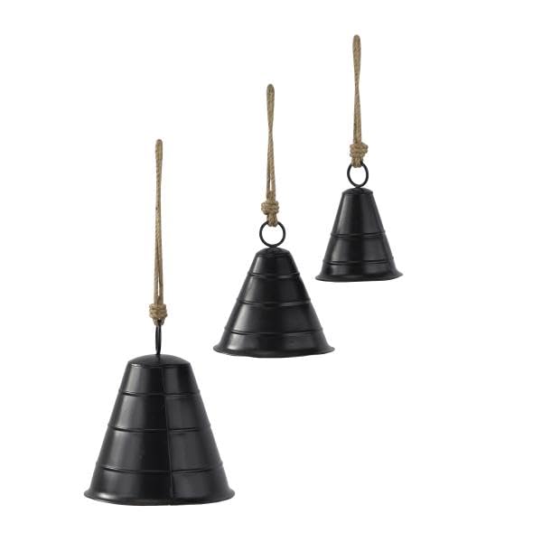Deco 79 Black Metal Tibetan Inspired Decorative Cow Bells with Jute Hanging Rope, Set of 3 10, 8, 5H - Wide Cone