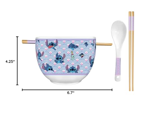 Silver Buffalo Disney Lilo And Stitch Scrump Waves Japanese Pattern Ceramic Ramen Noodle Rice Bowl With Chopsticks And Spoon, Mi