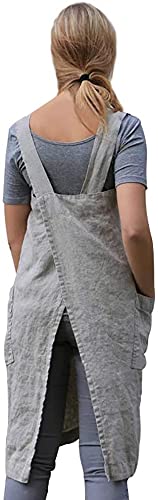 YESDOOD Cotton Linen Apron Cross Back Apron for Women with Pockets Pinafore Dress for Baking Cooking Baby Blue