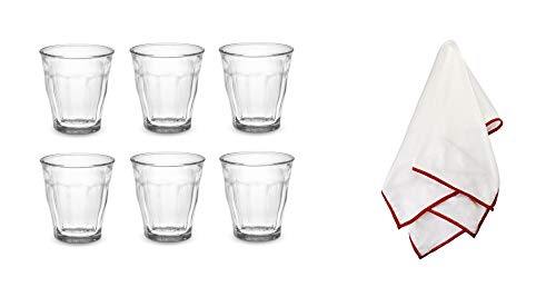 Duralex Picardie Drinking Glasses Set Of 6 - Tempered Glass Tumblers With Microfiber Polishing Cloth Classic Design, Easy To Hol