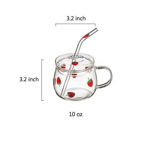 Jhnif 10 Oz Lovely Strawberry Clear Glass Mug With Lid And Straw.