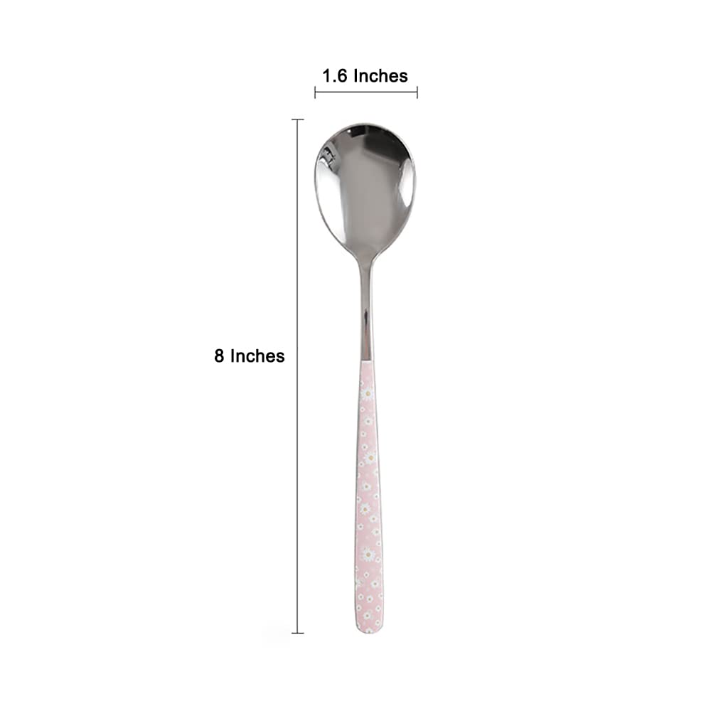 Stainless Steel Soup Spoon,Korean Dessert Spoon,Pink Daisy Mixed Color Spoon For Home, Kitchen Or Restaurant, Set Of 4 Pink Dais