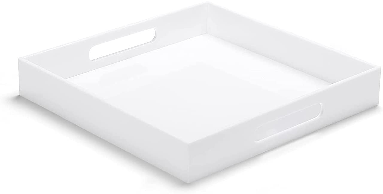 Milky White Durable Acrylic Tray With Handles 9*9*2 Inch Spill Proof Serving Tray Safe Edge Organizer Tray Decorative Tray For L