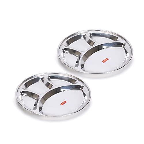 Sumeet Stainless Steel Round 4 In 1 Compartment Lunch/Dinner Plate Set Of 2Pcs, 32.5Cm Dia, Silver