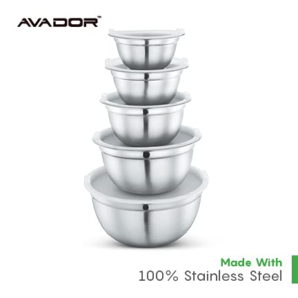 Avador Premium Stainless Steel Mixing Bowls, Set Of 5 Brushed Stainless Steel Mixing Bowl Set, Easy To Clean, Space Saving, Grea