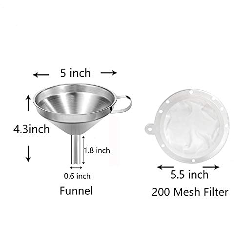 Iaxsee 5-Inch Funnel With Fine Mesh Strainer, 304 Stainless Steel Funnel With Extra Fine Mesh Strainer 200 Mesh Cooking Oil Filt