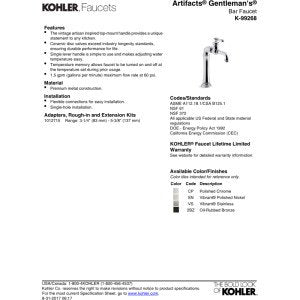 Kohler K-99268-Cp Artifacts Gentleman'S Bar Sink Faucet, Polished Chrome, Single Handle, Prep Faucet, Secondary Faucet, Single H