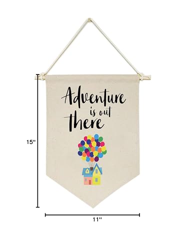 Adventure Is Out There -Canvas Hanging Flag Banner Wall Sign Decor Gift for Baby Kids Girl Boy Nursery Teen Room Front Door - Hydrogen Balloon  Travel Around the World