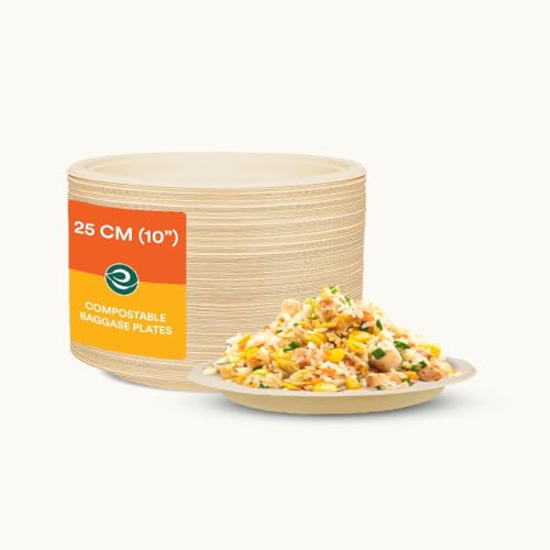Eco Soul [10 Inch, 50 Pack Disposable Bagasse Plates | EcoFriendly, Biodegradable, Sugarcane Paper Plates | For Serving Snacks 