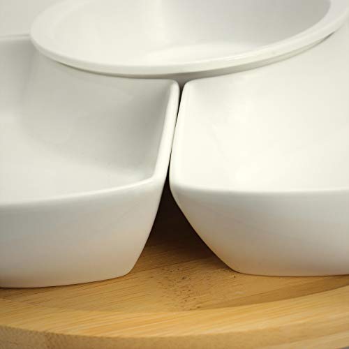 Elama Signature Appetizer And Condiment Server Set 5 Dishes And 1 Lazy Suzan Serving Tray, 6 Piece, White Stoneware And Natural