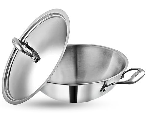 Vinod Platinum Triply Stainless Steel Cookware Kadai with lid  3.2 litre, 26 cm / 2.5 mm Thick / 3 Layer Kadhai for cooking/Hea