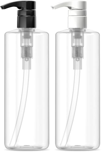 Bar5F Plastic Lotion Bottles with Black & White Pumps  16 oz  Leak Proof  Empty Clear Cylinder  Refillable  BPA Free for Shampoo  Moisturizer  Face Cream  Liquid Hand Soap  Pack of 2