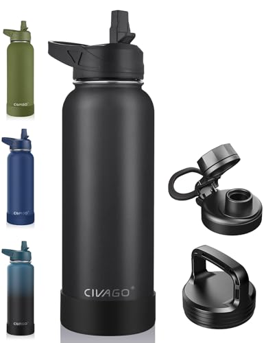CIVAGO 40 oz Insulated Water Bottle With Straw  Stainless Steel Sports Water Cup Flask with 3 Lids (Straw  Spout and Handle Lid)  Double Walled Travel Thermo Canteen Mug  Midnight Black