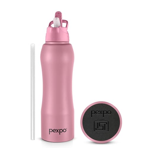 Pexpo Belly Isi Certified Stainless Steel Water Bottle With Straw Lid Sipper Cap, 750 Ml | Rosy Brown | Single Wall Fridge Bottl