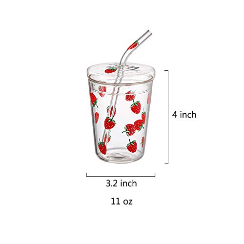 Jhnif 10 Oz Lovely Strawberry Clear Glass Tumbler With Lid And Straw.