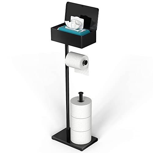 Cisily Black Toilet Paper Holder Stand With Storage Shelf, Free Standing Toilet Paper Roll Holders, Bathroom Toliet Tissue Holde