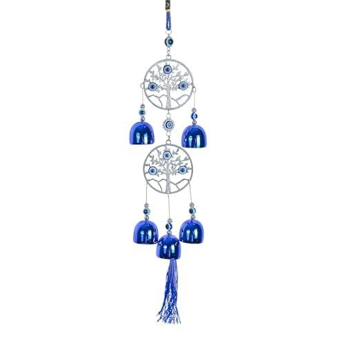 Evil Eye Tree of Life Wind Chime with Blue Bells and Tassel Decorative Hanging for Home Balcony Door Wall Garden and Office