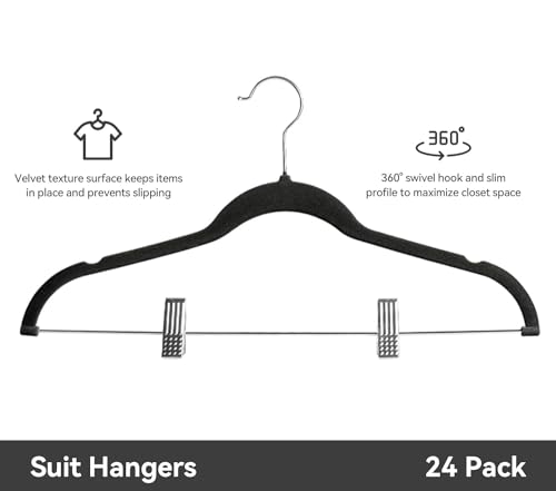 Softflame Velvet Pants Hangers Pack Of 24, Non-Slip Skirt Clothes Trousers Hangers With Adjustable Clips, 360  Swivel Hooks Blac