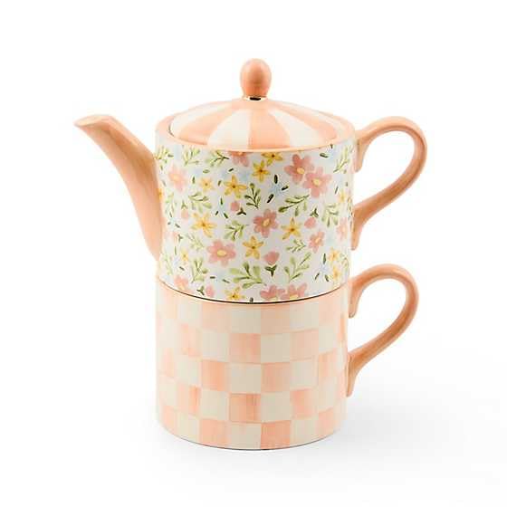 MACKENZIECHILDS Ceramic Teapot and Mug Set, Unique Teapot with Lid and Stacked Mug, Posie Patch Ceramic Tea for Me
