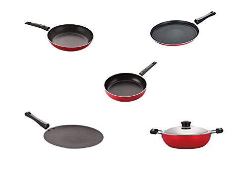 Nirlon Gas Compatible Non Stick Aluminium Cookware Set Of 5 Pieces (26_Ct_Dkdm_Tp_Ft11_Fp12)