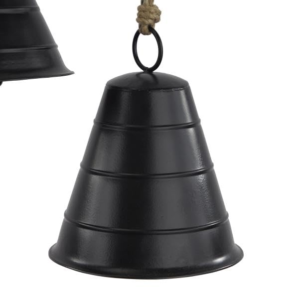 Deco 79 Black Metal Tibetan Inspired Decorative Cow Bells with Jute Hanging Rope, Set of 3 10, 8, 5H - Wide Cone