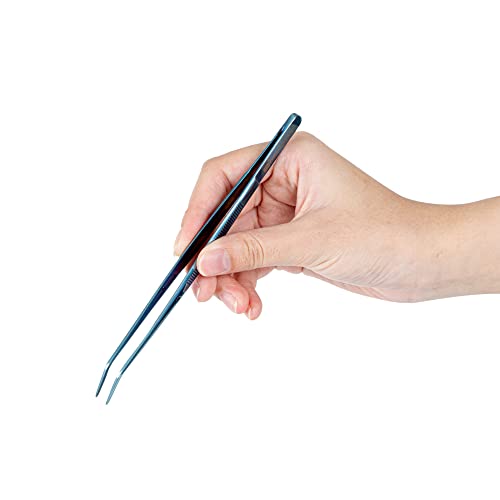Restaurantware Perfect Point 6.3 Inch Curved Tweezer  1 Slant Nose Food Tweezer - Serrated Tips For Precision  For Garnishing  Plating  or Decorating  Blue Stainless Steel Kitchen Tweezer  Sturdy