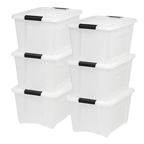 Iris Usa 32 Qt. Plastic Storage Container Bin With Secure Lid And Latching Buckles, 6 Pack - Pearl, Durable Stackable Nestable O