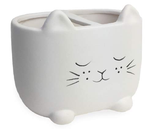 Isaac Jacobs White Ceramic Cat Makeup Brush Holder, Multi-Purpose 2-Section Organizer. Bathroom, Kitchen, Bedroom, Office D?Or (