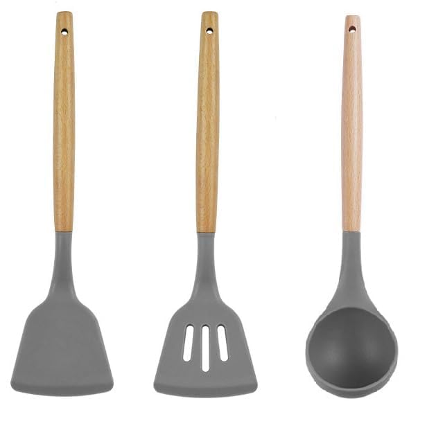 Kitchen Utensils Set, 3 Pcs Non-Stick Silicone Kitchen Cooking Utensils With Wooden Handle, Kitchen Spatula Cookware Utensils Se