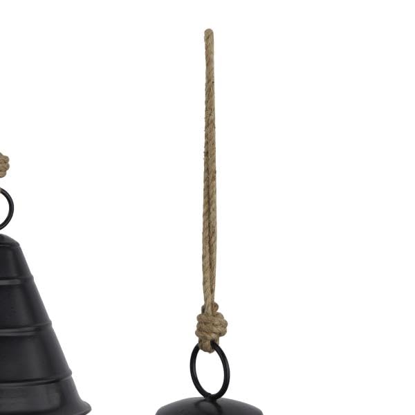 Deco 79 Black Metal Tibetan Inspired Decorative Cow Bells with Jute Hanging Rope, Set of 3 10, 8, 5H - Wide Cone