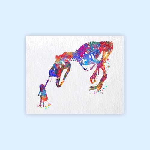 Dignovel Studios 24X36 Unframed Girl And T-Rex Dinosaur Curiosity Bravery Watercolor Art Print Poster Housewarming Wall Art Gicl