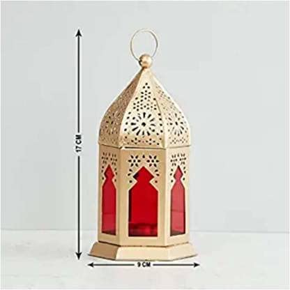 BWO Moroccan Hanging Lantern | Laltern Lamp with Tealight Candle Holder (Set of 6, Combo) (Gold RED Glass)