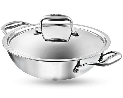 Vinod Platinum Triply Stainless Steel Kadai with lid 3.7 litre (28 cm) | 2.5mm Thick | 3 Layer Stainless Steel Cookware | 5 Year