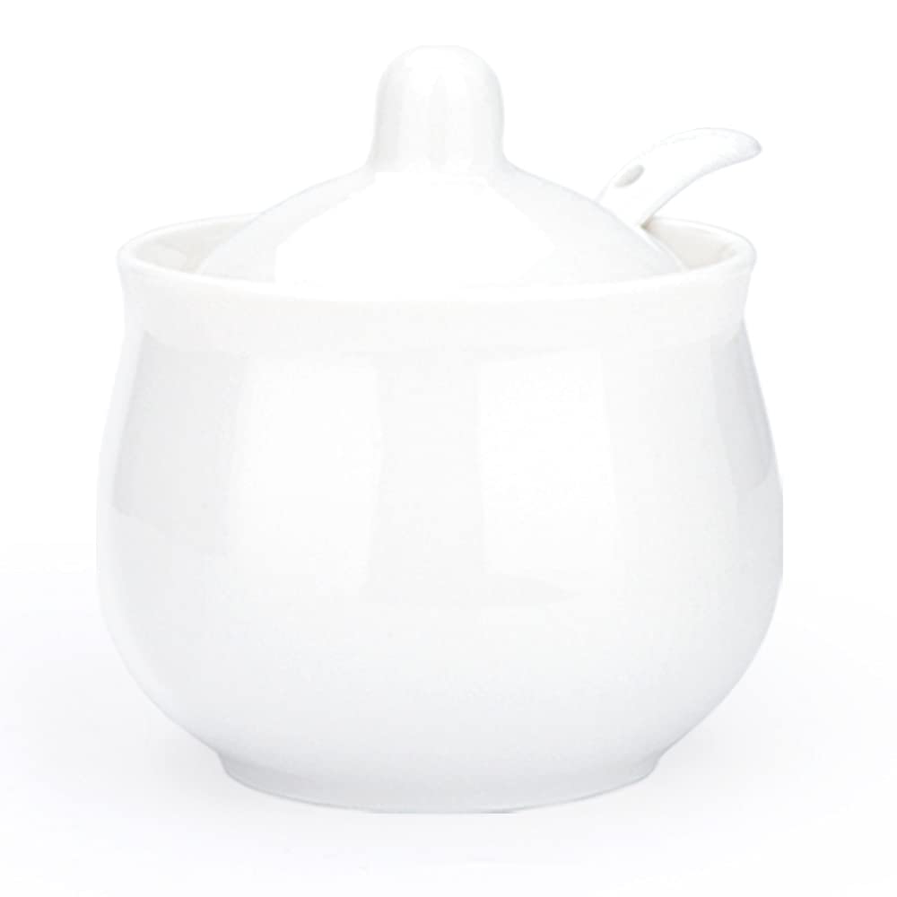 Swetwiny Ceramic Sugar Bowl With Lid And Spoon, Porcelain Salt Storage Jar, White Seasoning Container For Home And Kitchen, 7 Ou