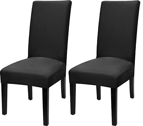 House Of Quirk Polyester Elastic Stretch Removable Washable Solid Short Dining Chair Seat Cover Protector Slipcover (2, Black)