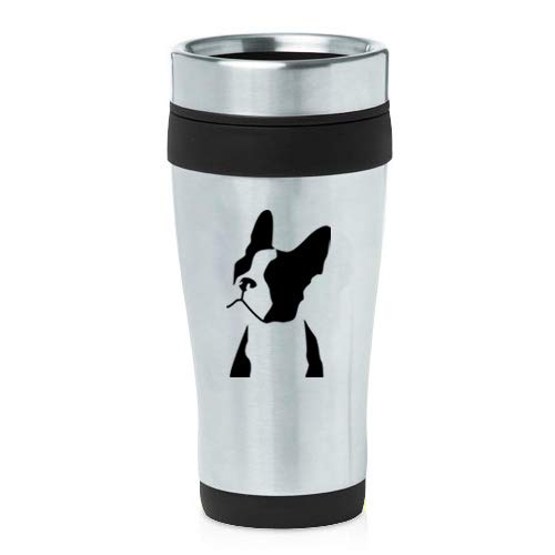 16 Oz Insulated Stainless Steel Travel Mug Boston Terrier Face (Black)