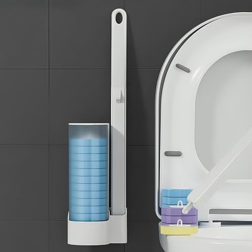 Criyale Disposable Toilet Brush With 6Pcs Sponge Refills, Wall Mounted Bracket Disposable Toilet Bowl Cleaner Wand, Toilet Clean