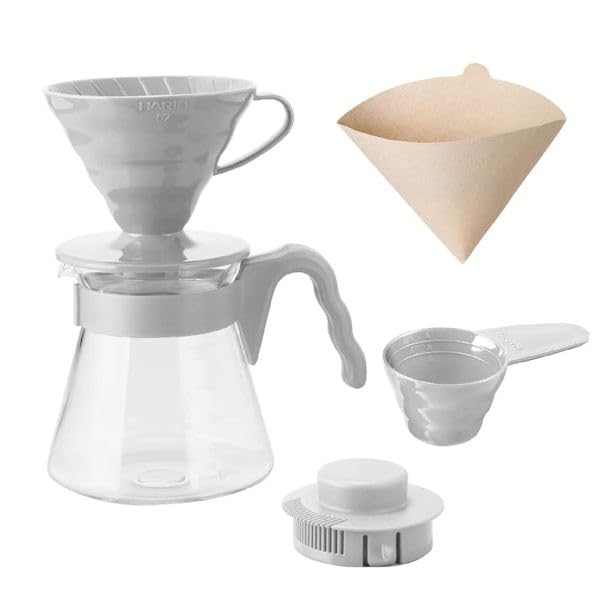 Hario V60 Pour Over Starter Set With Dripper, Glass Server, Scoop And Filters, Size 02, Pale Grey