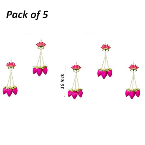 Divyakosh Handmade Lotus Buds Hanging, Pack Of 5, Size 16 Inch, Pooja Room Decoration Items, Solawood Hangings For Mandir, Lotus