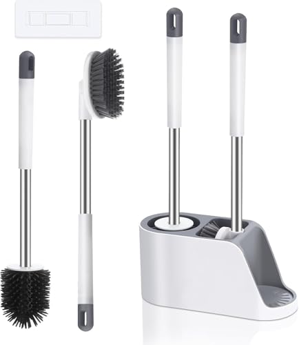 Noridy Silicone Toilet Brush With Holder Set - Free Stand Sleek Cleaner With Ventilated Drying Stand And Adhesive Wall Mounted C